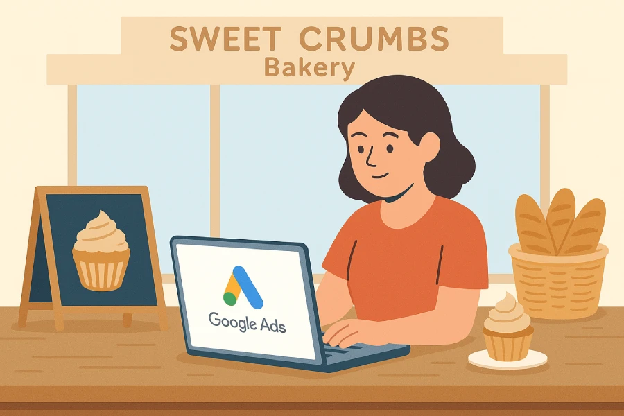 You manage marketing for a small business on a tight budget, yet you need to reach as many people as possible. How can Google Ads help? 2 Illustration of a female small business owner at Sweet Crumbs Bakery smiling with fresh baked goods, representing success from Google Ads marketing on a tight budget.