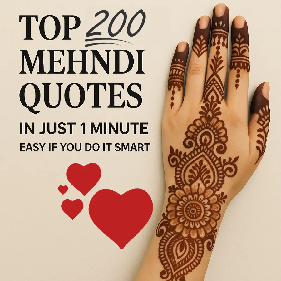 Top 200 Mehndi Quotes in Just 1 Minute — Easy If You Do It Smart 1 A Beautiful Hand Adorned With Intricate Mehndi Designs Next To Bold Text That Reads “Top 200 Mehndi Quotes In Just 1 Minute – Easy If You Do It Smart,” With Red Heart Icons To Highlight Love And Tradition.