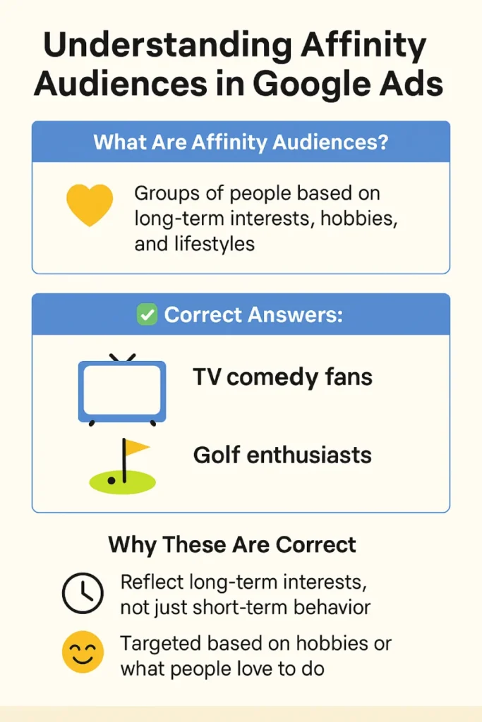 What are two examples of the types of audiences you could reach when using Affinity Audiences as a targeting option? (Choose two.) 2 Infographic explaining Affinity Audiences in Google Ads, showing they are groups based on long-term interests like TV comedy fans and golf enthusiasts.