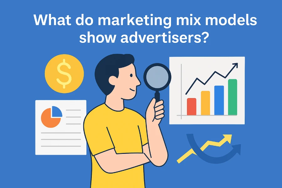 A Digital Illustration Showing A Confused Advertiser Looking At Charts And Graphs, With Marketing Terms Like Sales, Channels, And Media Impact Floating Around.