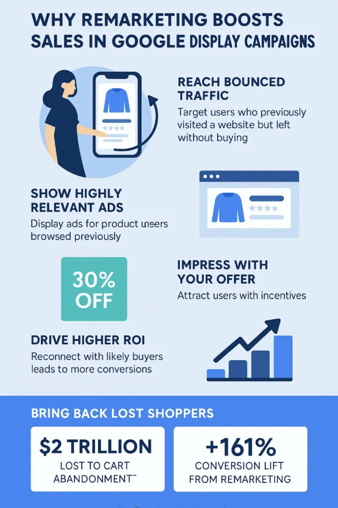 Gavin is creating a Google Display ads campaign to help grow sales for his online clothing store. His goal is to connect with users who previously viewed pages on his website without making a purchase. Which option will best serve Gavin’s marketing goals? 3 Infographic explaining how remarketing improves sales through Google Display Ads, showing benefits like re-engagement, higher conversions, and cost efficiency.