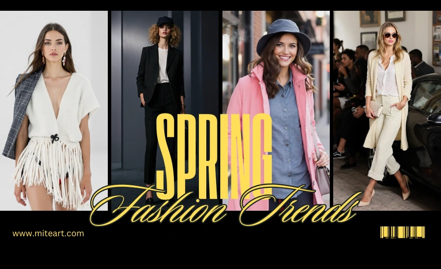 Four Fashionable Women Showcasing The Best Spring Fashion Trends For 2025 Including Fringe Skirts, Oversized Blazers, Pastel Trench Coats, And Cream Monochrome Suits.