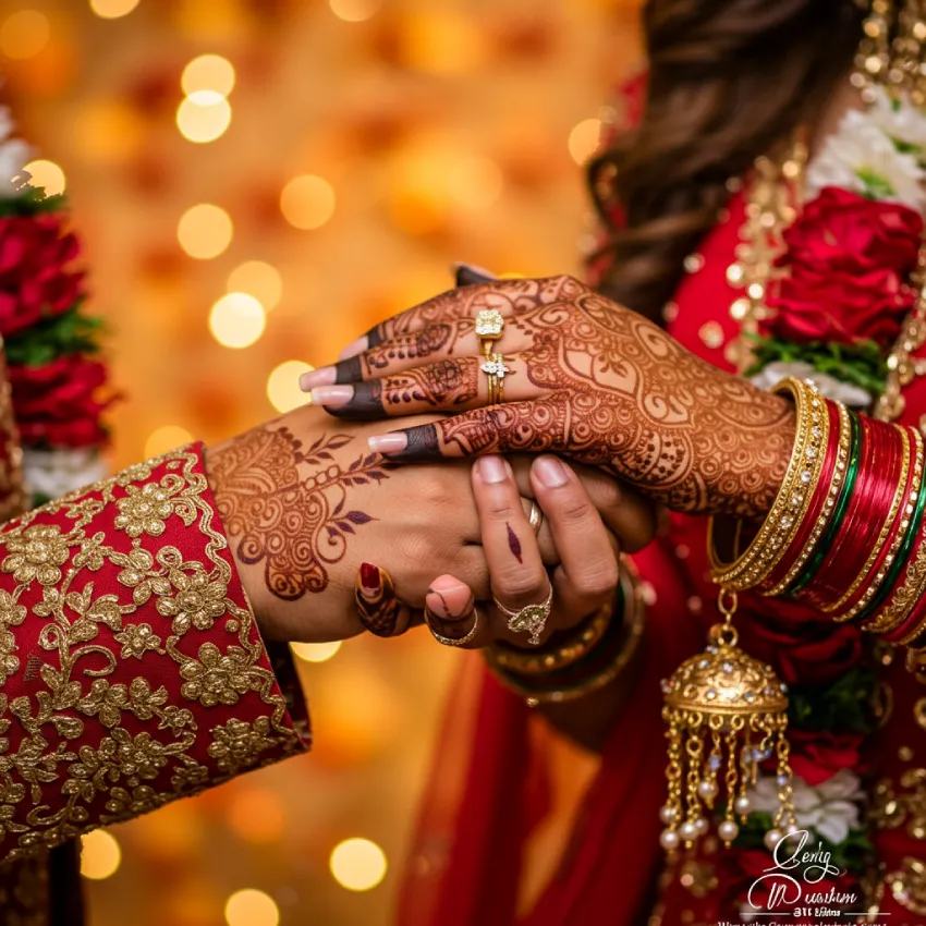 350+ Perfect Mehndi Captions for Instagram with Emojis 3 Close-up of a couple's intertwined hands adorned with intricate traditional mehndi (henna) designs, symbolizing love and togetherness.