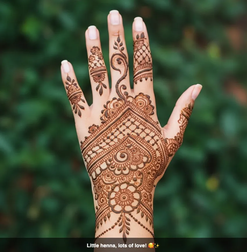 350+ Perfect Mehndi Captions for Instagram with Emojis 16 Close-up of a hand with cute, delicate mehndi designs, conveying sweetness, with the caption 'Little henna, lots of love! π₯°β¨'.