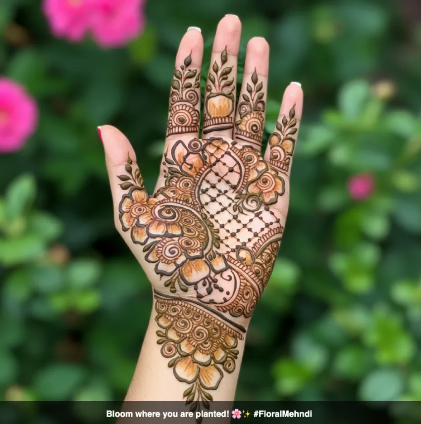 350+ Perfect Mehndi Captions for Instagram with Emojis 24 Hand with intricate floral mehndi designs, emphasizing nature's beauty, with the caption 'Bloom where you are planted! πΈβ¨ #FloralMehndi'.