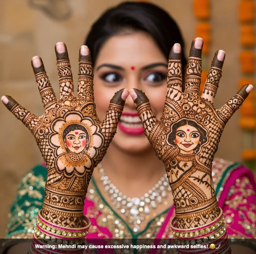 350+ Perfect Mehndi Captions for Instagram with Emojis 11 Hands with humorous mehndi, striking a funny pose, with the caption 'Warning: Mehndi may cause excessive happiness and awkward selfies! ππ€³'.