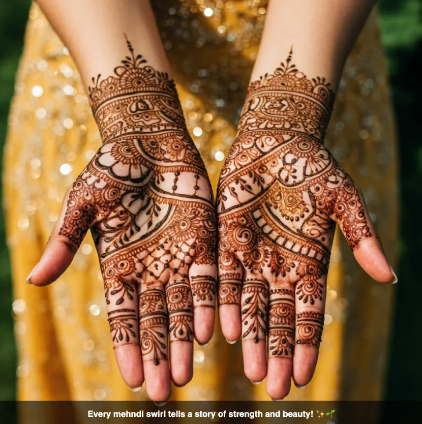 350+ Perfect Mehndi Captions for Instagram with Emojis 21 Hands with mehndi designs conveying strength and beauty, with the caption 'Every mehndi swirl tells a story of strength and beauty!
