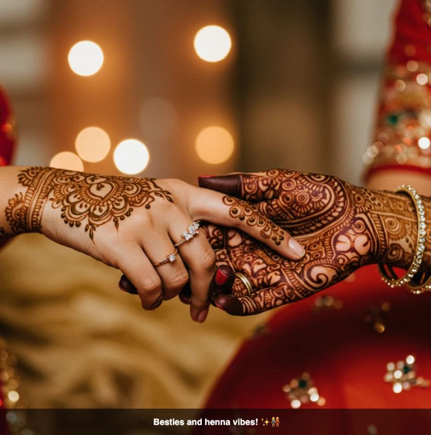 350+ Perfect Mehndi Captions for Instagram with Emojis 10 Two hands with traditional mehndi designs, gently touching, symbolizing friendship, with the caption 'Besties and henna vibes! β¨π'.