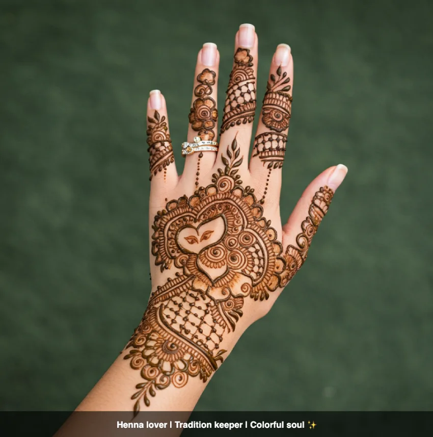 350+ Perfect Mehndi Captions for Instagram with Emojis 22 Hand with elegant mehndi designs, suitable for an Instagram profile, with the caption 'Henna lover | Tradition keeper | Colorful soul β¨'.