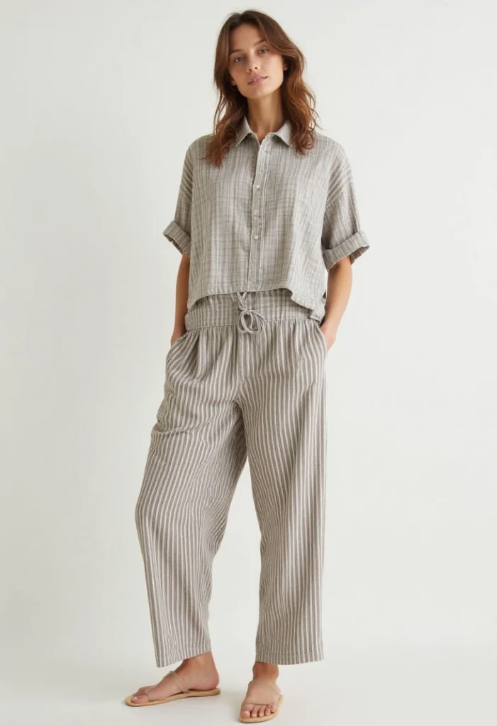 Best Spring Fashion Trends for Every Style in 2025 2 A Woman Wearing A Relaxed, Short-Sleeved, Collared Linen Shirt And Matching Striped Wide-Leg Pants With A Drawstring Waist, In Natural Muted Tones. She Is Barefoot Or Wearing Simple Sandals, Portraying Comfortable And Casual Loungewear.