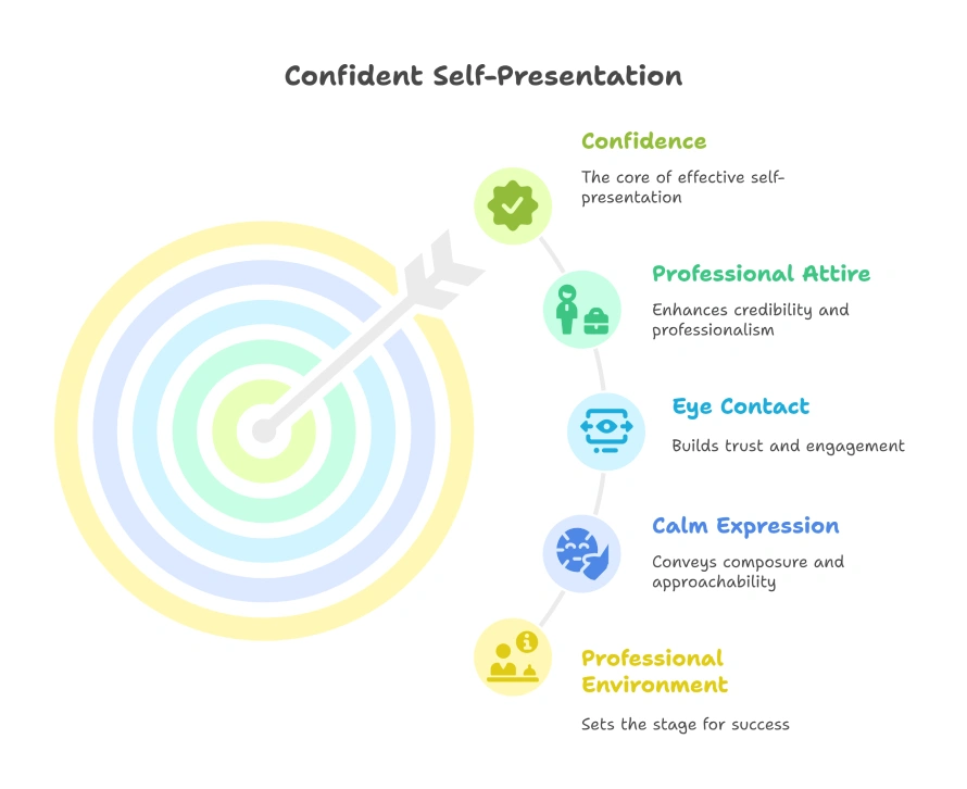 What Are the 10 Best Skills for Success? 4 Confident self-presentation infographic showing key elements like confidence, professional attire, eye contact, calm expression, and a professional environment.