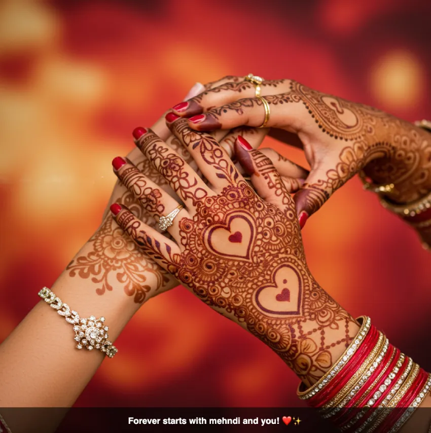 350+ Perfect Mehndi Captions for Instagram with Emojis 19 Hands with intricate romantic mehndi designs, emphasizing love and connection, with the caption 'Forever starts with mehndi and you! β€οΈβ¨'.