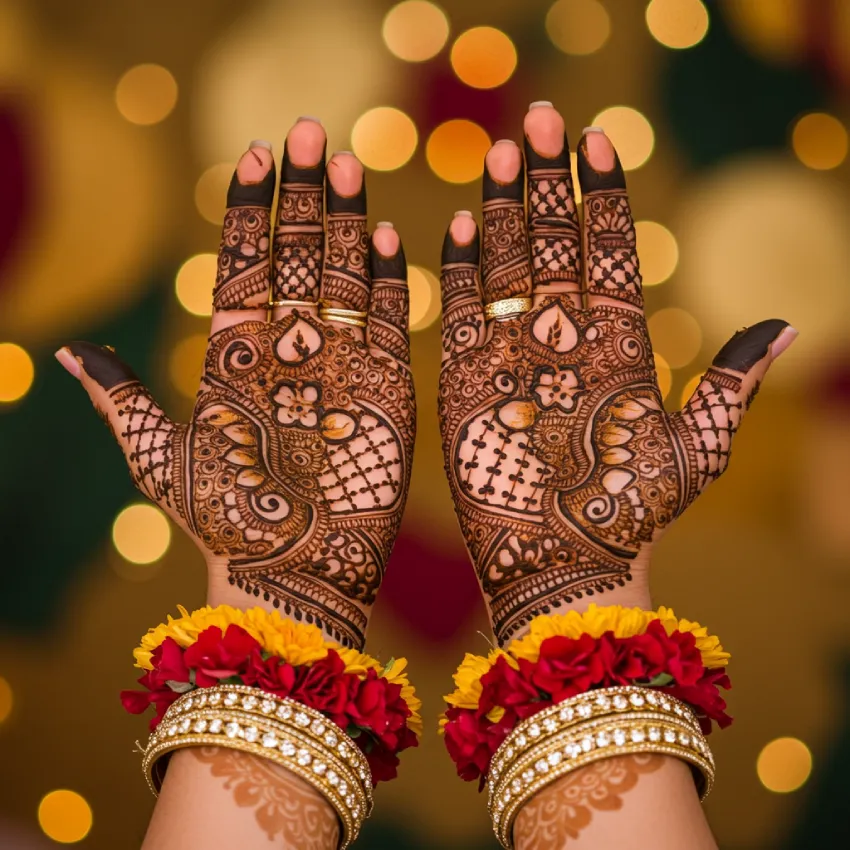 350+ Perfect Mehndi Captions for Instagram with Emojis 2 Close-up of hands adorned with traditional Indian wedding mehndi designs. Perfect Mehndi Captions for Instagram with Emojis