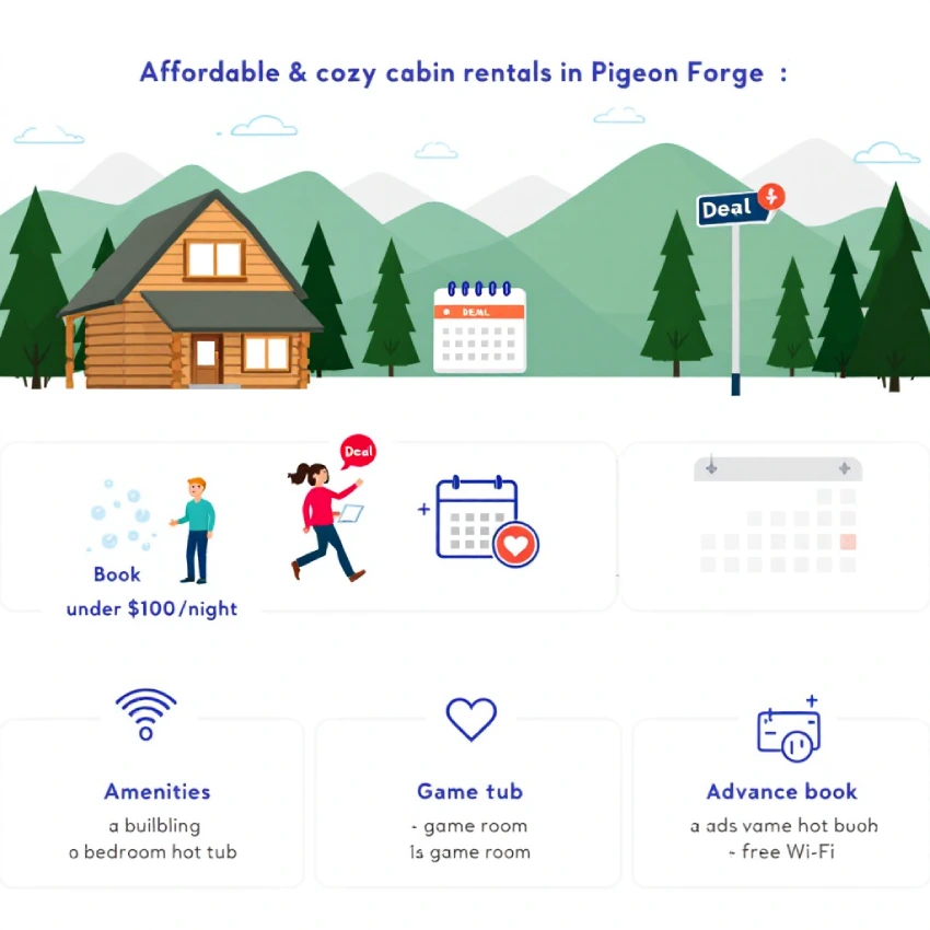 Affordable and Cosy Cabins in Pigeon Forge You’ll Love 12 Infographic showing tips for finding affordable and cozy cabin rentals in Pigeon Forge, including deals under $100 per night, booking early, and choosing cabins with amenities like hot tubs and free Wi-Fi.