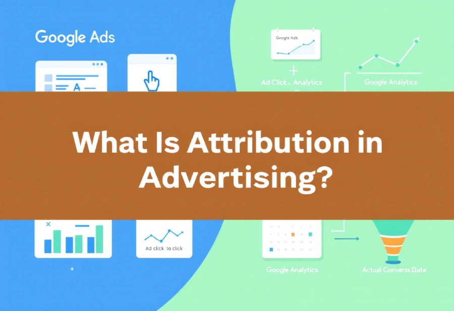 Infographic Explaining Attribution In Advertising With Google Ads Interface, Analytics Charts, And Conversion Funnel Showing Ad Click Tracking And Google Analytics Integration