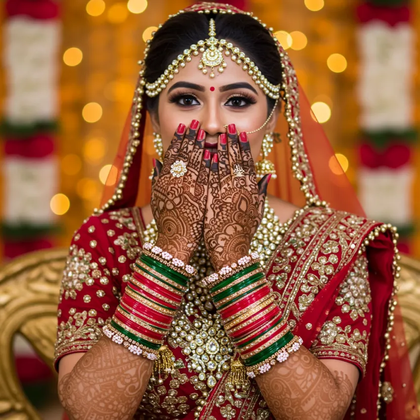 350+ Perfect Mehndi Captions for Instagram with Emojis 4 Close-up of a bride's hands adorned with exquisite, elaborate traditional Indian mehndi (henna) designs, symbolizing her beauty and the joy of her wedding day.