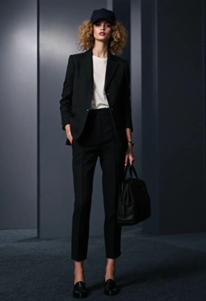 Best Spring Fashion Trends for Every Style in 2025 19 A Stylish Woman Wearing A Black Tailored Suit With Cropped Trousers, A White T-Shirt, Black Loafers, And A Black Baseball Cap, Holding A Black Handbag. She Has Curly Blonde Hair And Is Posing In A Minimalist Grey Setting, Showcasing A Modern, Laid-Back Business-Casual Look.