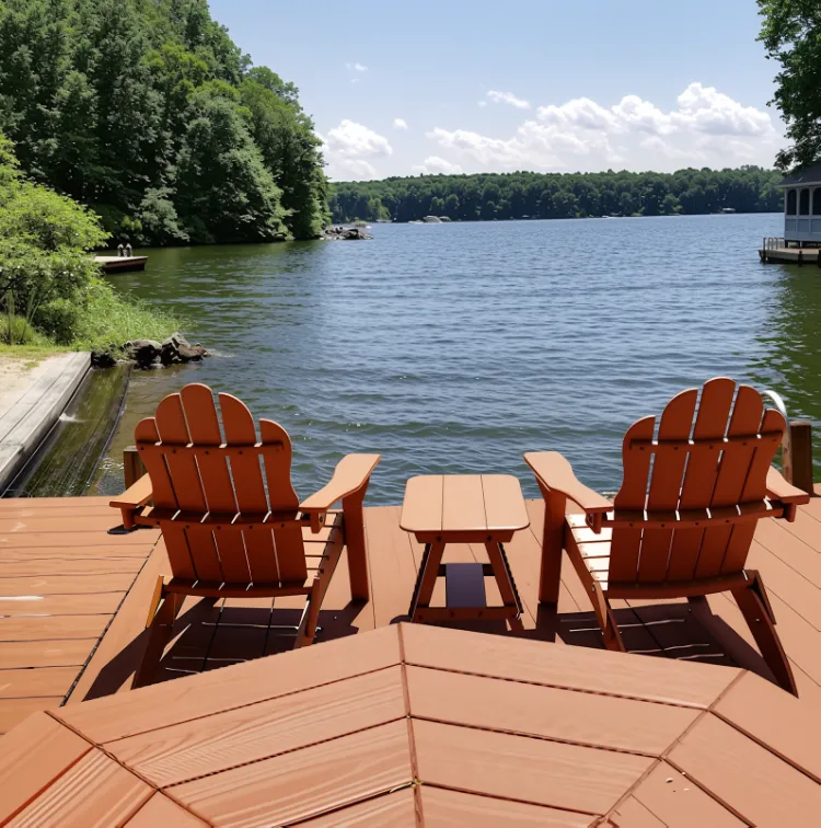 Affordable and Cosy Cabins in Pigeon Forge You’ll Love 6 Lakeside deck with Adirondack chairs at Kindred Spirits cabin near Pigeon Forge, Tennessee.