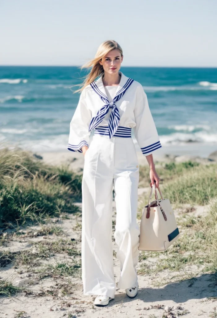Best Spring Fashion Trends for Every Style in 2025 16 A Blonde Woman Walking On A Sandy Beach With The Ocean In The Background, Wearing A White Sailor-Style Top With Navy Stripes And A Large Tie-Front Collar, High-Waisted White Wide-Leg Pants, And White Sneakers. She Is Carrying A Cream And Navy Tote Bag, Embodying A Chic 'Coastal Cool' And Nautical Fashion Look.