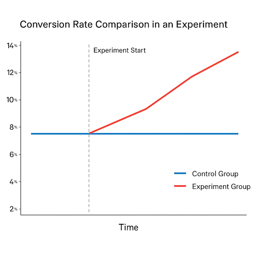 How does experimentation contribute to a best-in-class measurement approach? 5 Line graph comparing conversion rates over time between control and experiment groups, showing an increase after the experiment start.