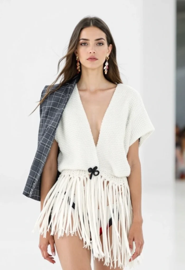 Best Spring Fashion Trends for Every Style in 2025 6 A High-Fashion Image Of A Model Wearing A White, V-Neck, Short-Sleeved Top With A Prominent White Fringe Or Tassel Detail At The Bottom, Possibly Crochet. A Plaid Blazer Is Draped Over One Shoulder. The Model Has Long Dark Hair And Is Wearing Statement Earrings, Showcasing A Blend Of Minimalist And Crafty Elements.