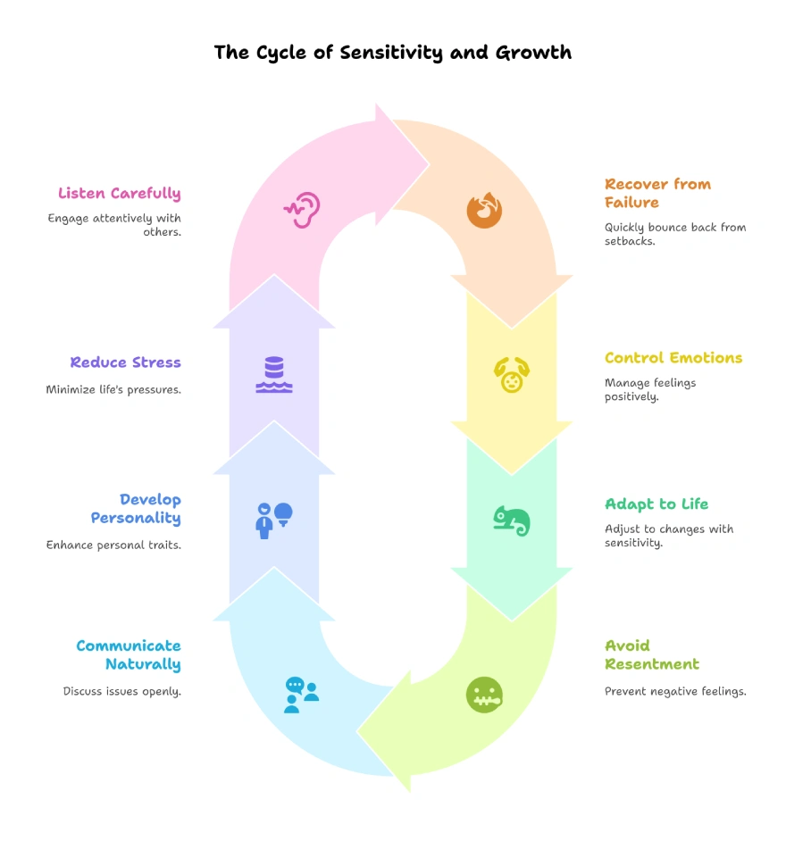 What Are the 10 Best Skills for Success? 10 Infographic showing the cycle of sensitivity and growth with steps like listening carefully, reducing stress, recovering from failure, and controlling emotions.