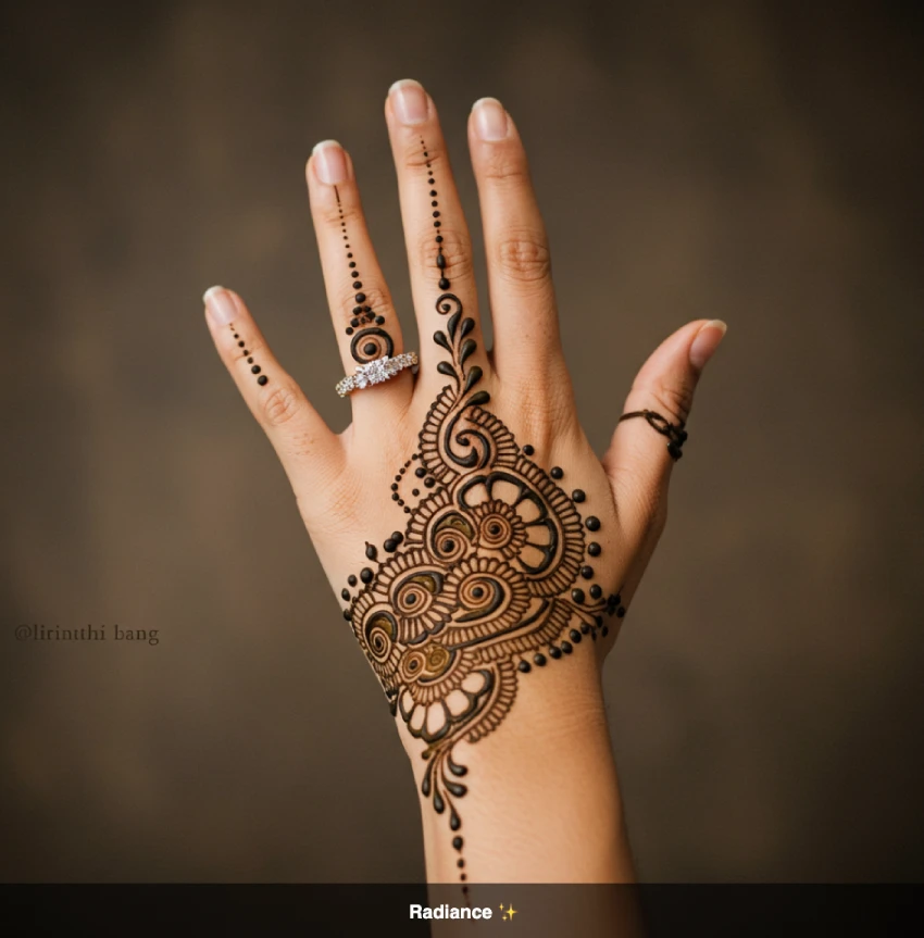 350+ Perfect Mehndi Captions for Instagram with Emojis 13 Close-up of a hand adorned with a single, striking traditional Indian mehndi (henna) design, embodying elegance and beauty, with the caption 'Radiance β¨'.