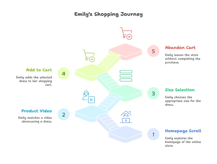 What platform uses event-based data instead of session-based data? 3 Illustration Of Emily'S Online Shopping Steps Including Homepage Scroll, Watching Product Video, Selecting Size, Adding To Cart, And Abandoning Cart.