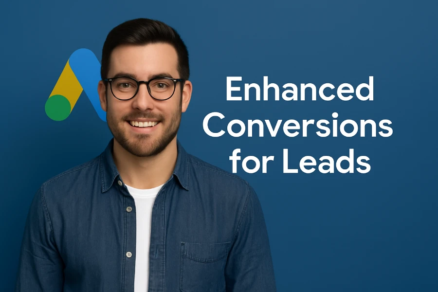 Which of the following can be used to describe enhanced conversions for leads? 1 A Smiling Young Man In A Denim Shirt Stands Against A Blue Background With The Google Ads Logo And The Text &Amp;Quot;Enhanced Conversions For Leads&Amp;Quot; Displayed Clearly.