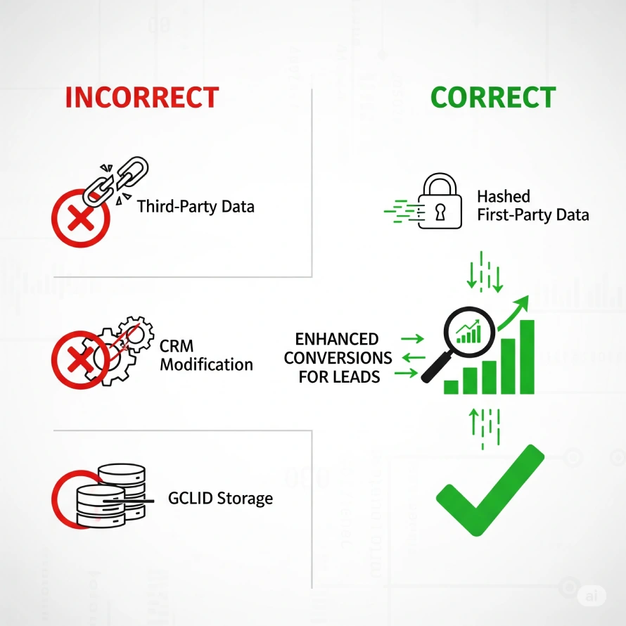 Which of the following can be used to describe enhanced conversions for leads? 3 Infographic Contrasting Incorrect Methods For Google Ads Enhanced Conversions (Third-Party Data, Crm Modification, Gclid Storage) With The Correct Method: Using Hashed First-Party Data For Accurate Lead Tracking.