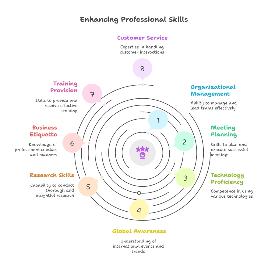 What Are the 10 Best Skills for Success? 7 Diagram showing 8 key areas for enhancing professional skills including organizational management, meeting planning, technology proficiency, global awareness, research skills, business etiquette, training provision, and customer service.