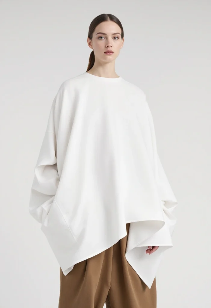 Best Spring Fashion Trends for Every Style in 2025 15 A Model Wearing A White, Oversized, Asymmetric Top With Exaggerated, Fanned-Out Proportions And Clean Lines, Paired With Brown Trousers, Showcasing A Minimalist And Sculptural Fashion Style.