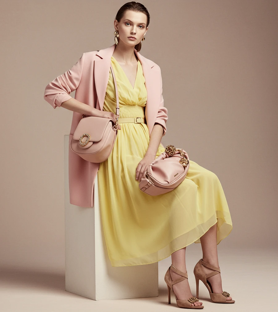 Best Spring Fashion Trends for Every Style in 2025 11 A High-Fashion Image Of A Model Wearing Flexible, Airy Pastel Pink And Yellow Garments, Contrasted With Neutral Tones Like Grey Or Navy, Showcasing A Delicate And Modern Take On Femininity For Spring.