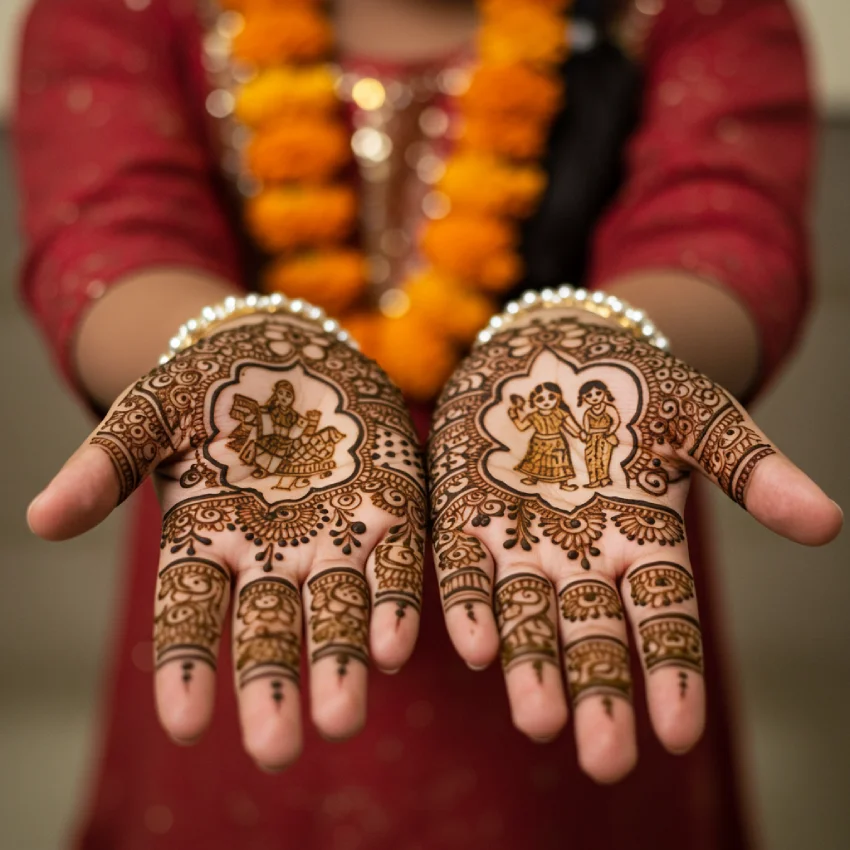 350+ Perfect Mehndi Captions for Instagram with Emojis 7 Close-up of a young girl's hands with intricate traditional Indian mehndi designs, featuring storytelling elements like small figures, evoking a personal narrative and joy.