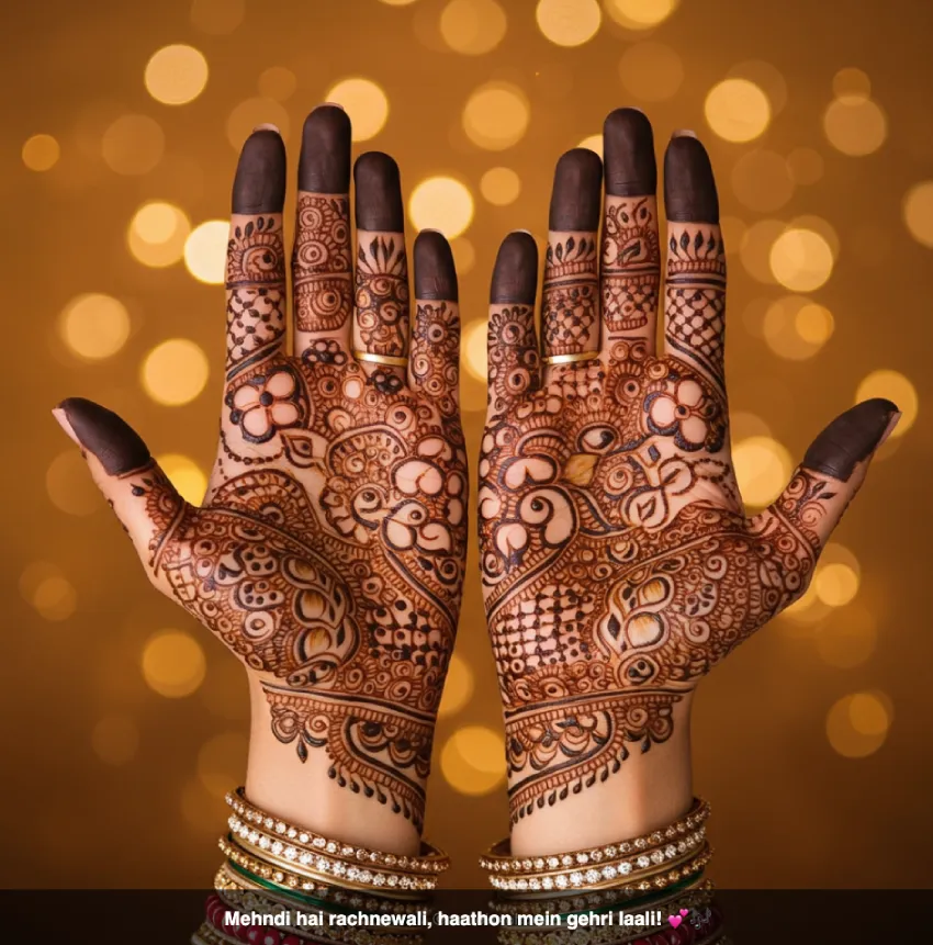 350+ Perfect Mehndi Captions for Instagram with Emojis 15 Close-up of hands with beautiful mehndi designs, evoking romance and joy, with the caption 'Mehndi hai rachnewali, haathon mein gehri laali! ππΆ'.