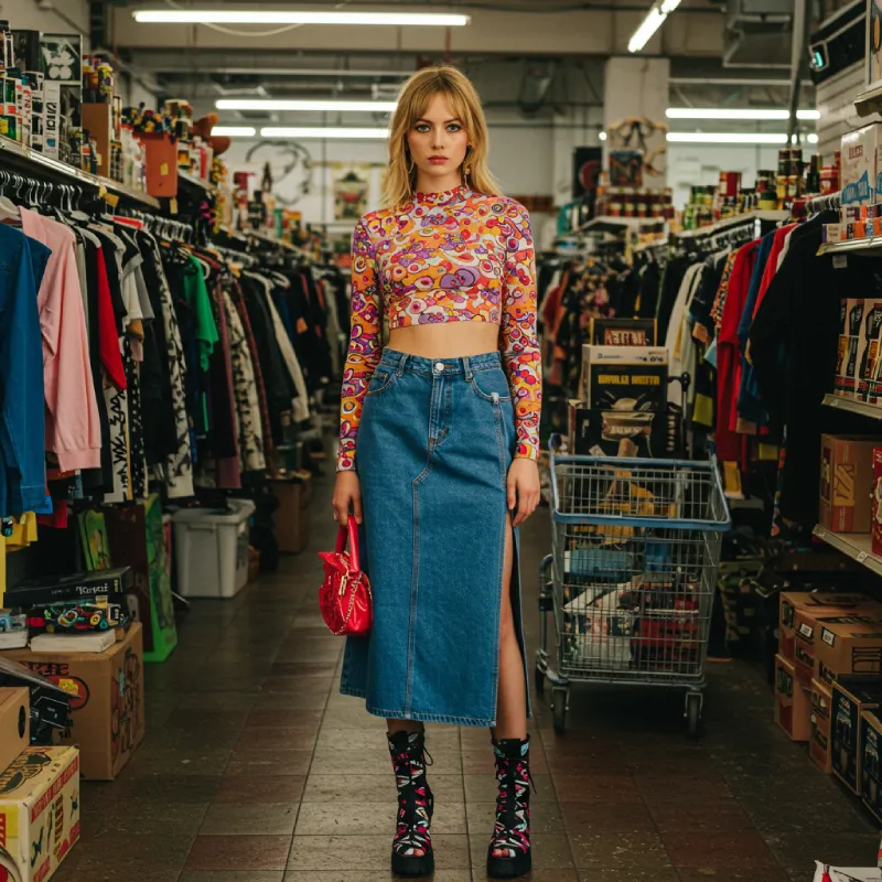 Best Spring Fashion Trends for Every Style in 2025 14 A Stylish Woman In A Thrift Store Aisle, Wearing A Vibrant, Psychedelic-Patterned Long-Sleeve Crop Top, A High-Waisted Denim Midi-Skirt With A Side Slit, And Colorful Platform Boots. She Is Holding A Small Red Handbag, Showcasing A Bold, Retro-Inspired, Maximalist Fashion Style.