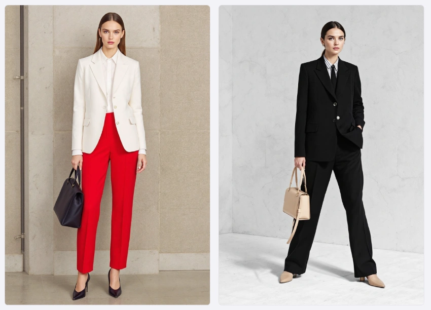 Best Spring Fashion Trends for Every Style in 2025 17 Two Professional Women Showcasing Modern Office Fashion. On The Left, A Woman Wears A White Blazer, White Shirt, And Striking Red Tailored Trousers With A Black Handbag. On The Right, A Woman Wears A Sleek Black Suit With A White Shirt, Black Tie, And A Beige Handbag, Both Embodying A Sophisticated, Menswear-Adjacent Workwear Style.