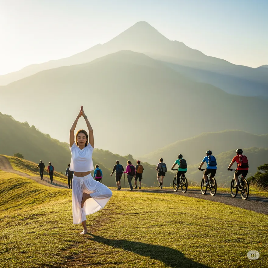 Why Mountain Towns Make the Perfect Weekend Getaway for Budget Travelers 8 Woman Practicing Yoga On A Grassy Hill With Hikers And Bikers In The Background, Surrounded By Scenic Mountain Views At Sunrise.