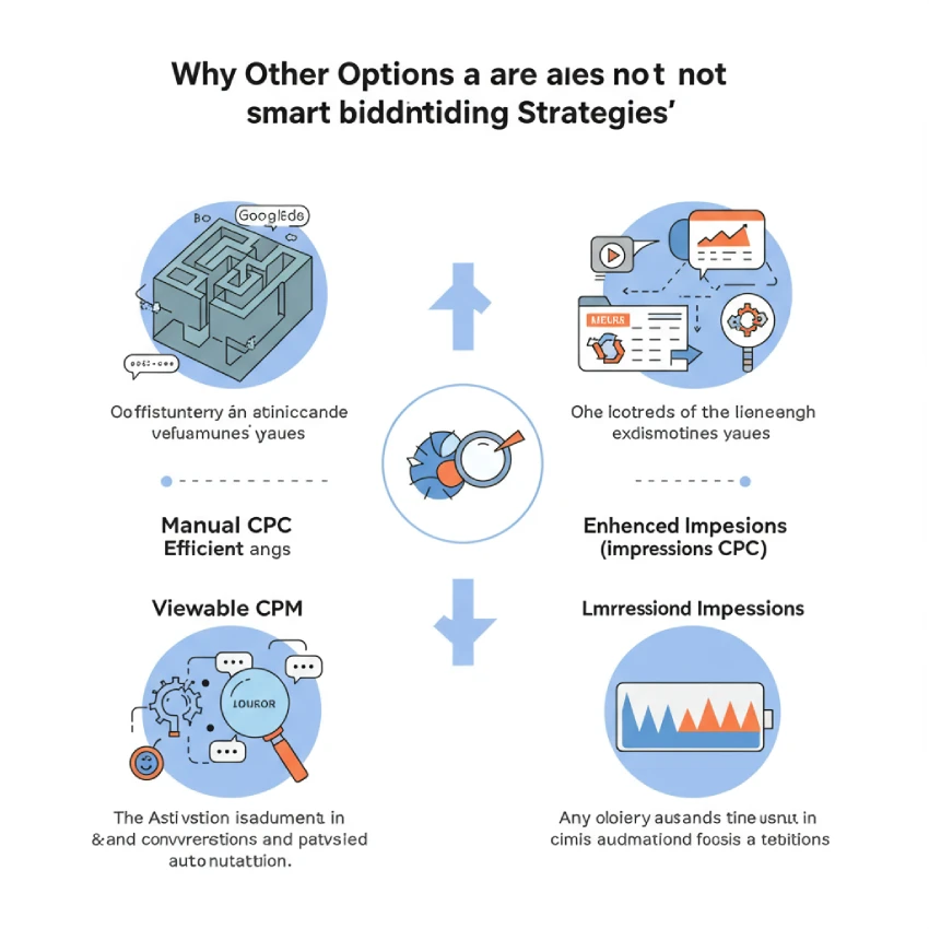 A business owner wants to use Google Ads to advertise their website. They’re considering using one of the available Smart Bidding strategies that Google offers. Which of the following is a Smart Bidding strategy? 4 Visual comparison of non-smart Google Ads bidding strategies (Manual CPC, Viewable CPM, Enhanced Impressions) showing their limitations against smart bidding.