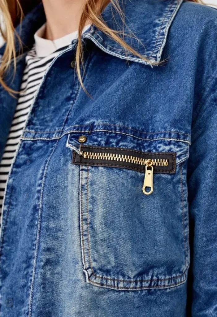 Best Spring Fashion Trends for Every Style in 2025 8 Close-Up Of A Stylish Blue Denim Jacket With A Distinctive Gold Zipper And Dark Trim On The Chest Pocket, Showcasing An Offbeat, Relaxed Fit And Visible Stitching, Layered Over A Striped Shirt.