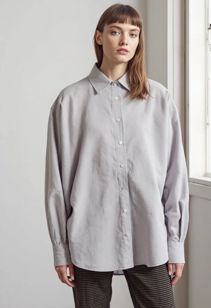 Best Spring Fashion Trends for Every Style in 2025 7 A Model Wearing A Light Grey, Oversized, Crisp Collared Shirt With Long Sleeves, Untucked Over Dark Patterned Trousers. The Shirt Appears To Be Made Of Linen Or A Similar Natural Fabric, Showcasing A Minimalist And Comfortable Style.