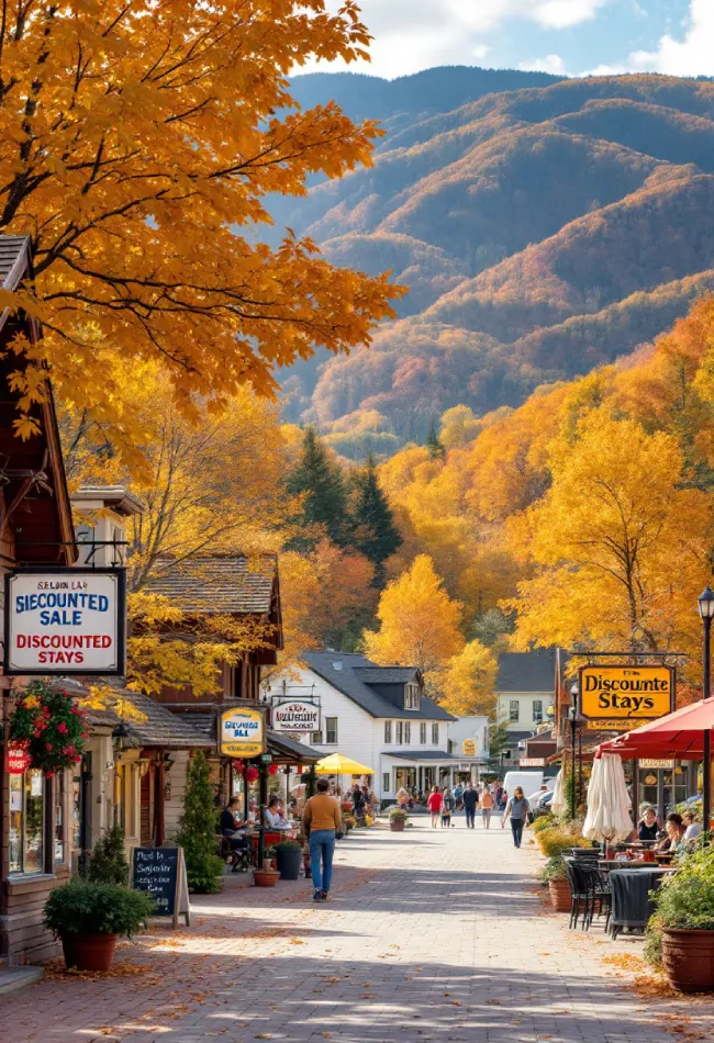 Why Mountain Towns Make the Perfect Weekend Getaway for Budget Travelers 5 Scenic Street In Pigeon Forge With Fall Foliage, Mountain Views, And Signs Promoting Seasonal Discounted Stays At Local Lodges And Cafes.