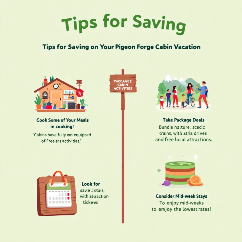 Affordable and Cosy Cabins in Pigeon Forge You’ll Love 13 Infographic showing tips to save money on a Pigeon Forge cabin vacation, including cooking meals, using package deals, and booking mid-week.