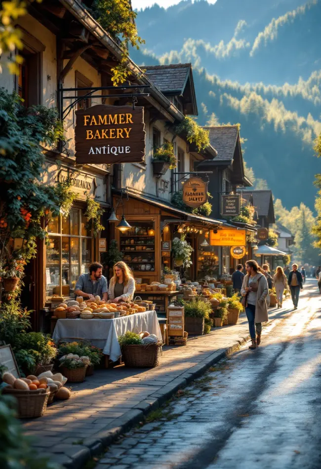 Why Mountain Towns Make the Perfect Weekend Getaway for Budget Travelers 4 Locals And Tourists Exploring A Cozy Mountain Town Market With A Bakery And Artisan Shops