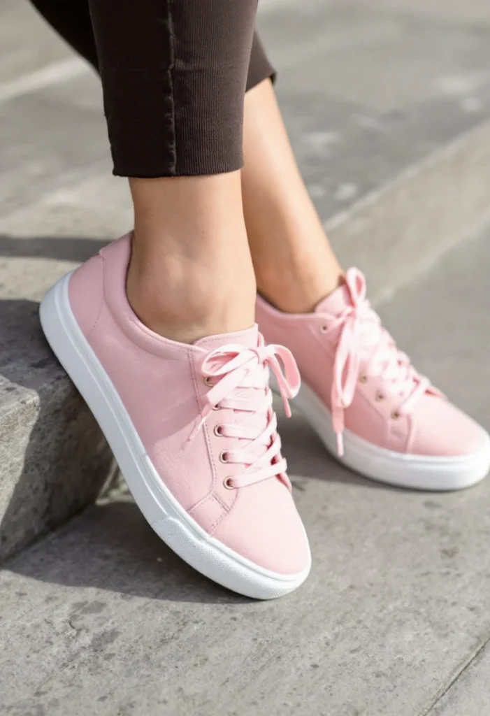 Best Spring Fashion Trends for Every Style in 2025 10 A Close-Up Of A Person'S Feet Wearing Light Pink Dainty Sneakers With White Soles And Pink Laces Tied In Bows, Resembling Ballet Ribbons. The Sneakers Have A Refined, Delicate Appearance, Suitable For A Spring Fashion Trend.