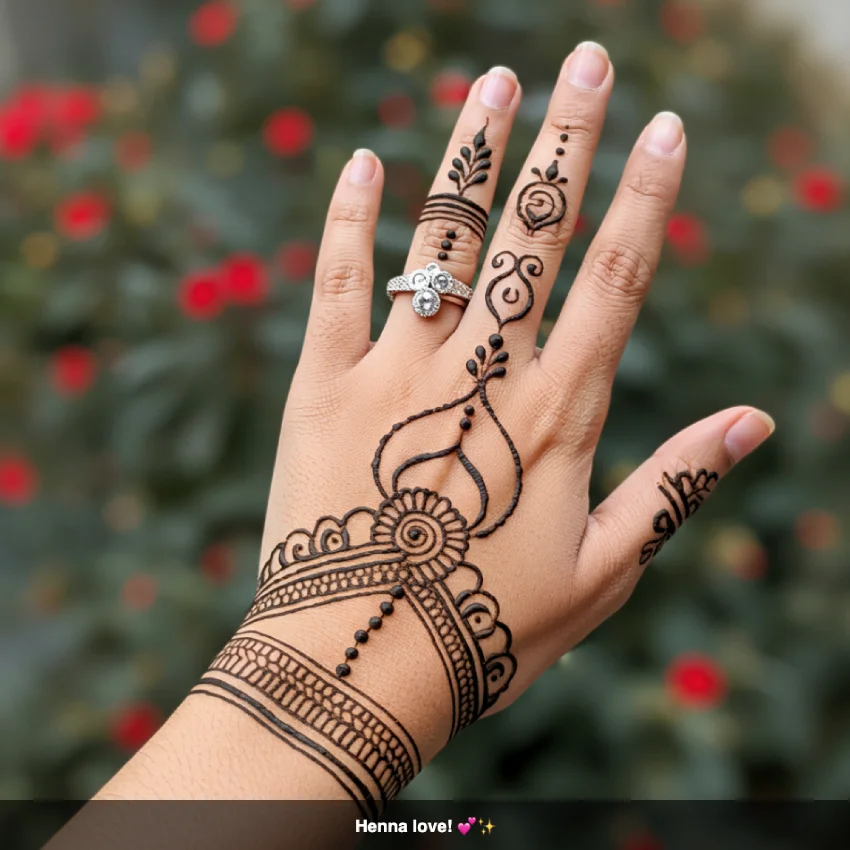 350+ Perfect Mehndi Captions for Instagram with Emojis 12 Close-up of a hand with a simple, elegant mehndi design, with the caption 'Henna love! πβ¨'.