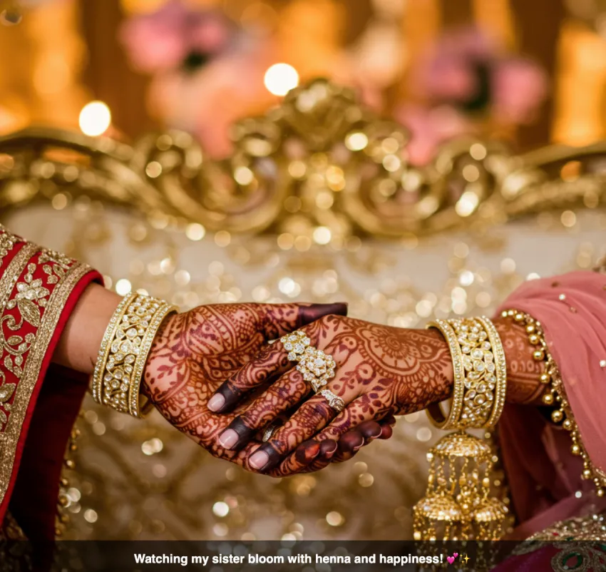 350+ Perfect Mehndi Captions for Instagram with Emojis 9 Hands with bridal mehndi, one holding another, symbolizing sisterly love on a wedding day.