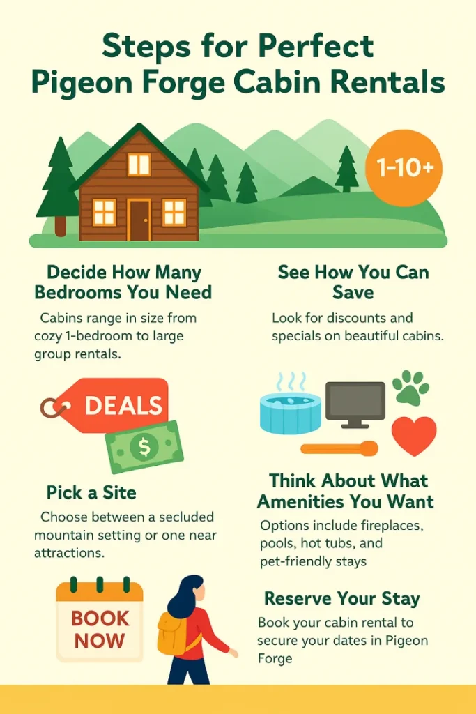 Affordable and Cosy Cabins in Pigeon Forge You’ll Love 11 Infographic showing five steps to find the perfect cabin rental in Pigeon Forge, including choosing bedrooms, saving with deals, selecting amenities, picking a location, and booking early.