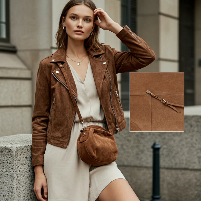 Best Spring Fashion Trends for Every Style in 2025 21 A High-Fashion Image Of A Model Wearing A Stylish Spring Outfit Featuring A Mocha Suede Jacket (Possibly Cropped), Paired With A Pastel Dress Or Sage Trousers, Or Showcasing A Soft Suede Bag Or Matching Suede Set, Emphasizing Light Luxury And Versatile Texture.