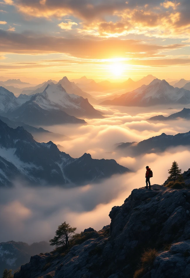 Why Mountain Towns Make the Perfect Weekend Getaway for Budget Travelers 6 A Hiker Standing On A Rocky Cliff At Sunrise, Overlooking A Sea Of Clouds And Snow-Capped Mountain Peaks In The Distance, Capturing The Perfect Photo Moment In Nature.